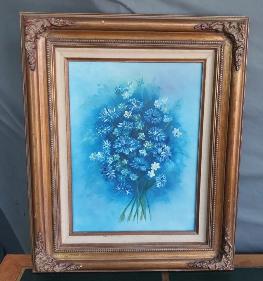 Blue Floral Oil Painting In Gold Frame 1