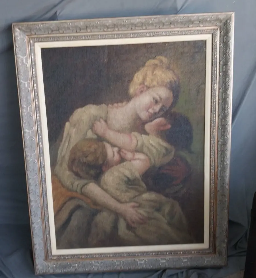Large Framed Oil Painting Of Lady And Children 1