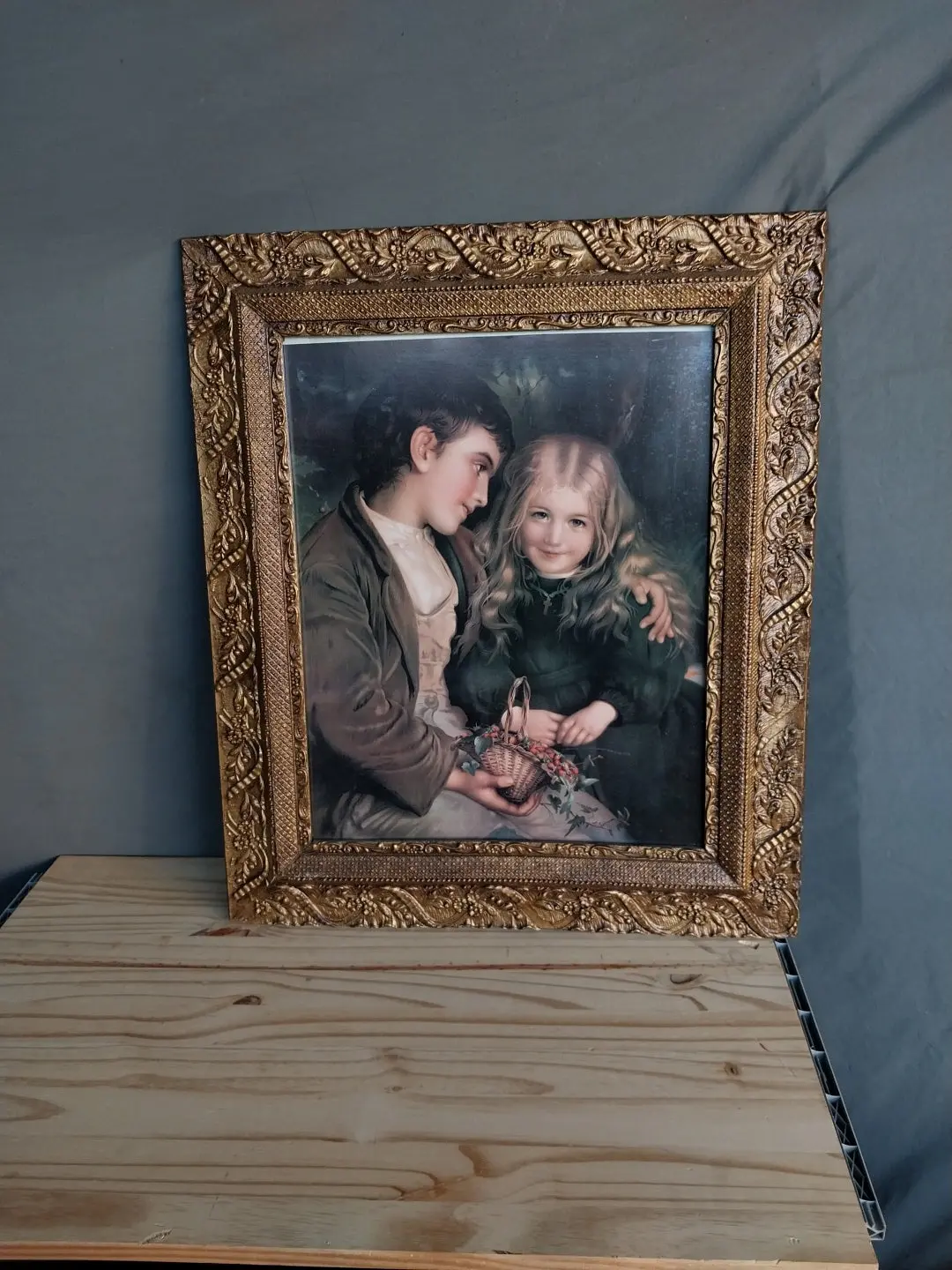 Framed Victorian Lithograph Of Boy And Girl 1