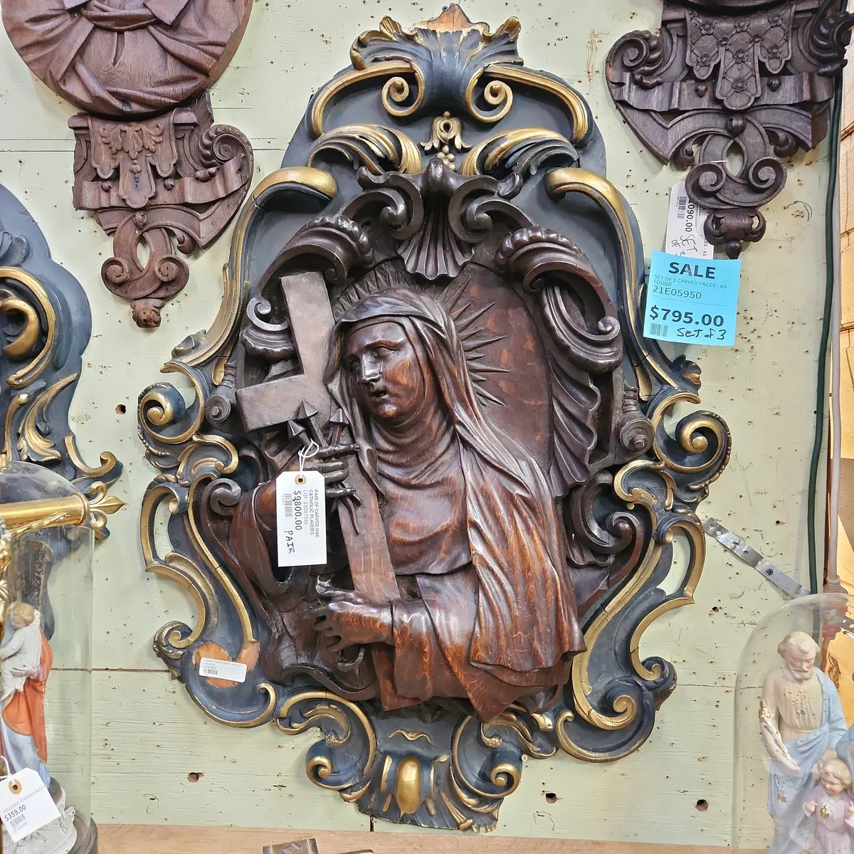 Pair Of Hand Carved Oak Catholic Plaques 1