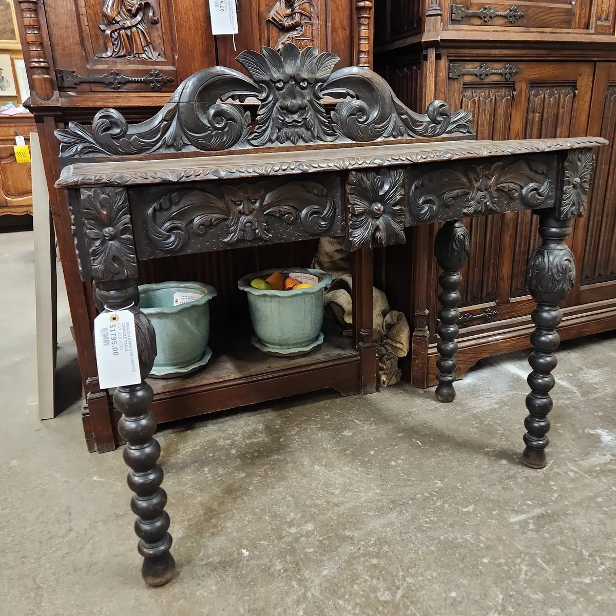 English Dark Oak Carved Console Table 1