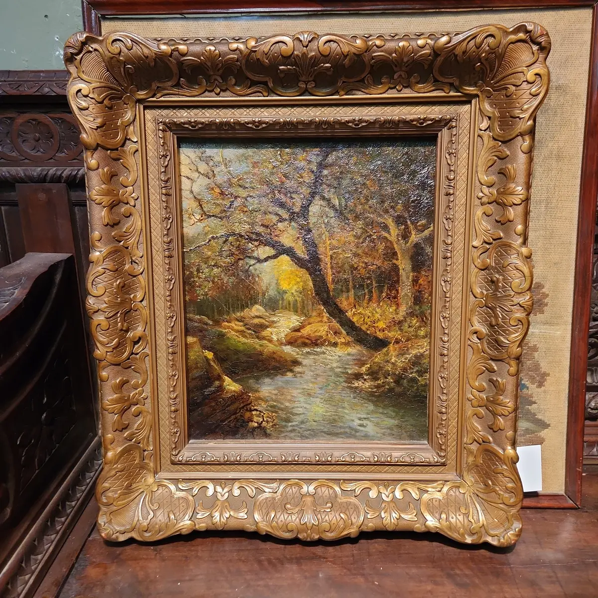 Sylvan Brook Vertical Painting On Canvas In Ornate Gilt Frame 1