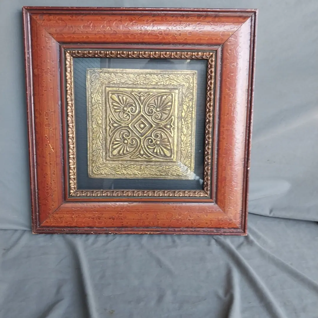 Gold Relief Square Medalion In Burnt Umber Frame 1