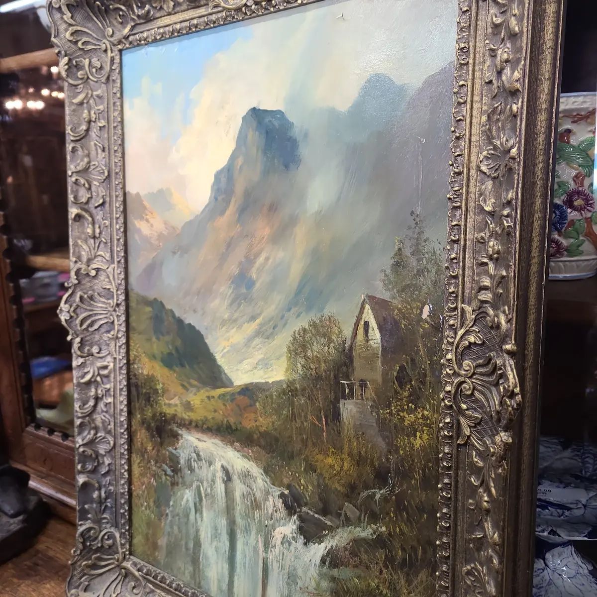 Vertical Oil Painting On Canvas With Mountains & Waterfall By Montgomery Ansel (As Found) 1