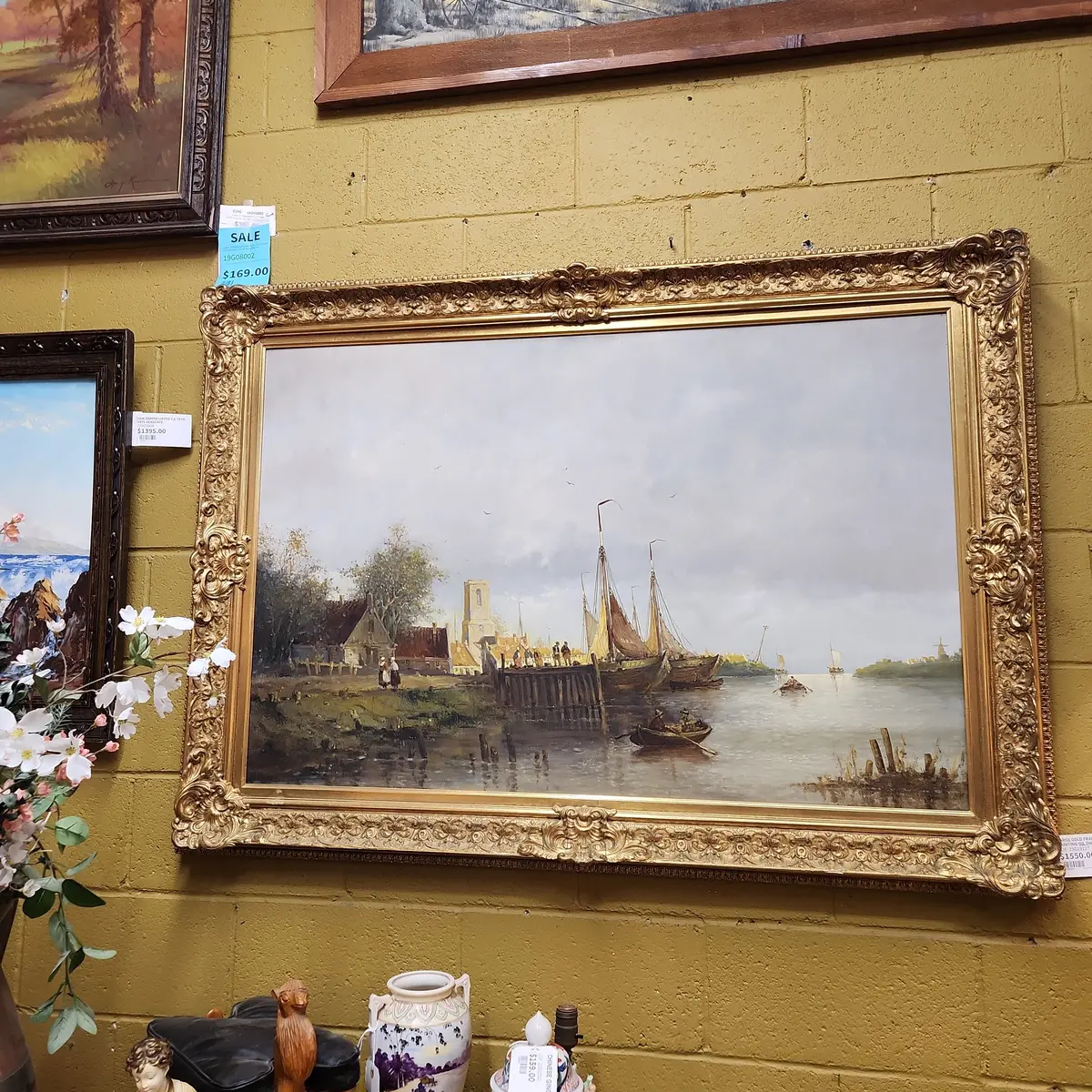 Large Gold Framed Port Painting Oil On Canvas 1