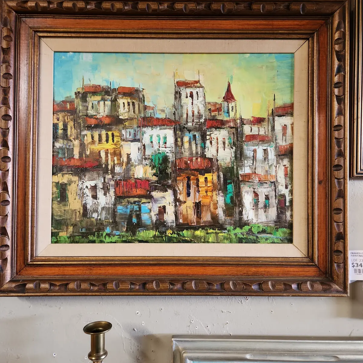 Framed Italian Pallette Knife Oil Painting Of Houses In Carved Frame 1