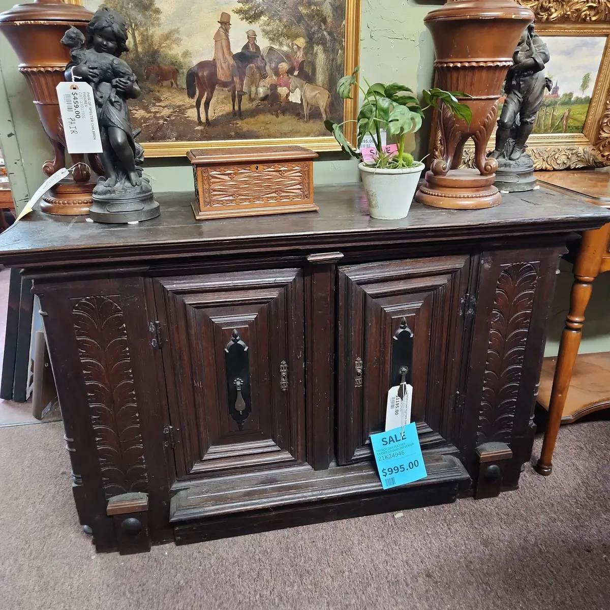 French Oak Feather Carved 2 Door Low Server 1