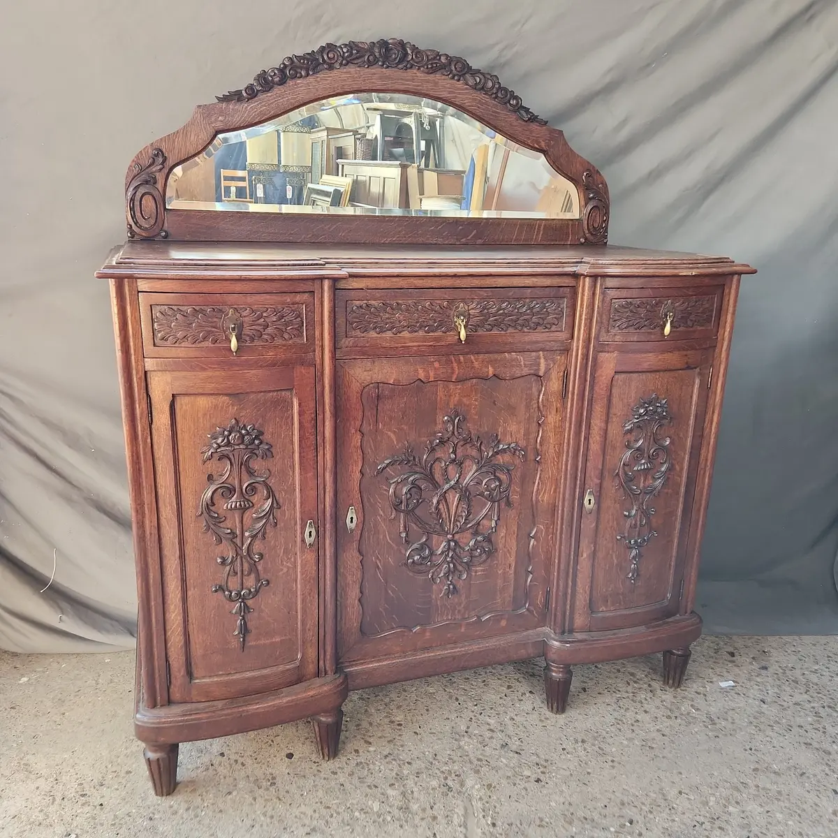 Oak Mirrored Back Carved French Deco Sideboard 1