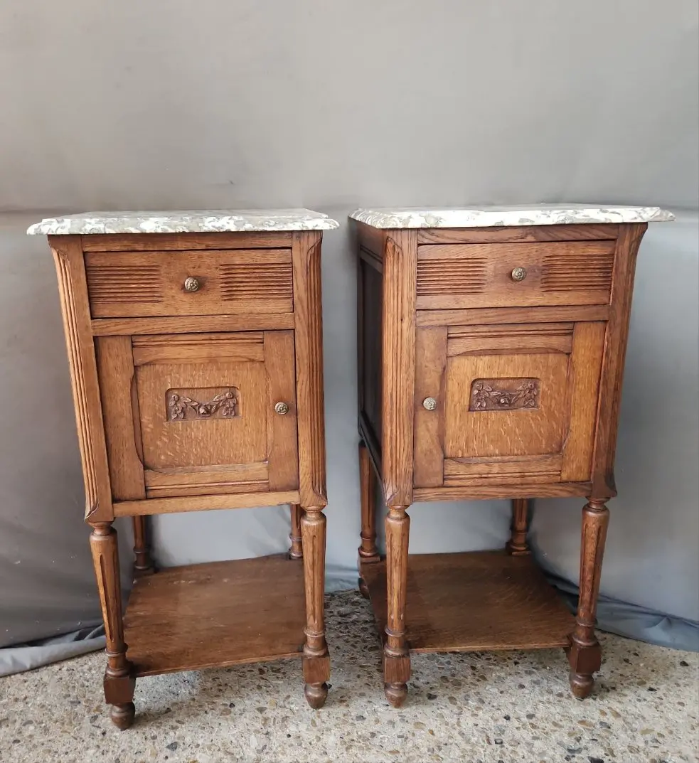 Pair Of White And Gray Marble Top French Oak Night Stands 1