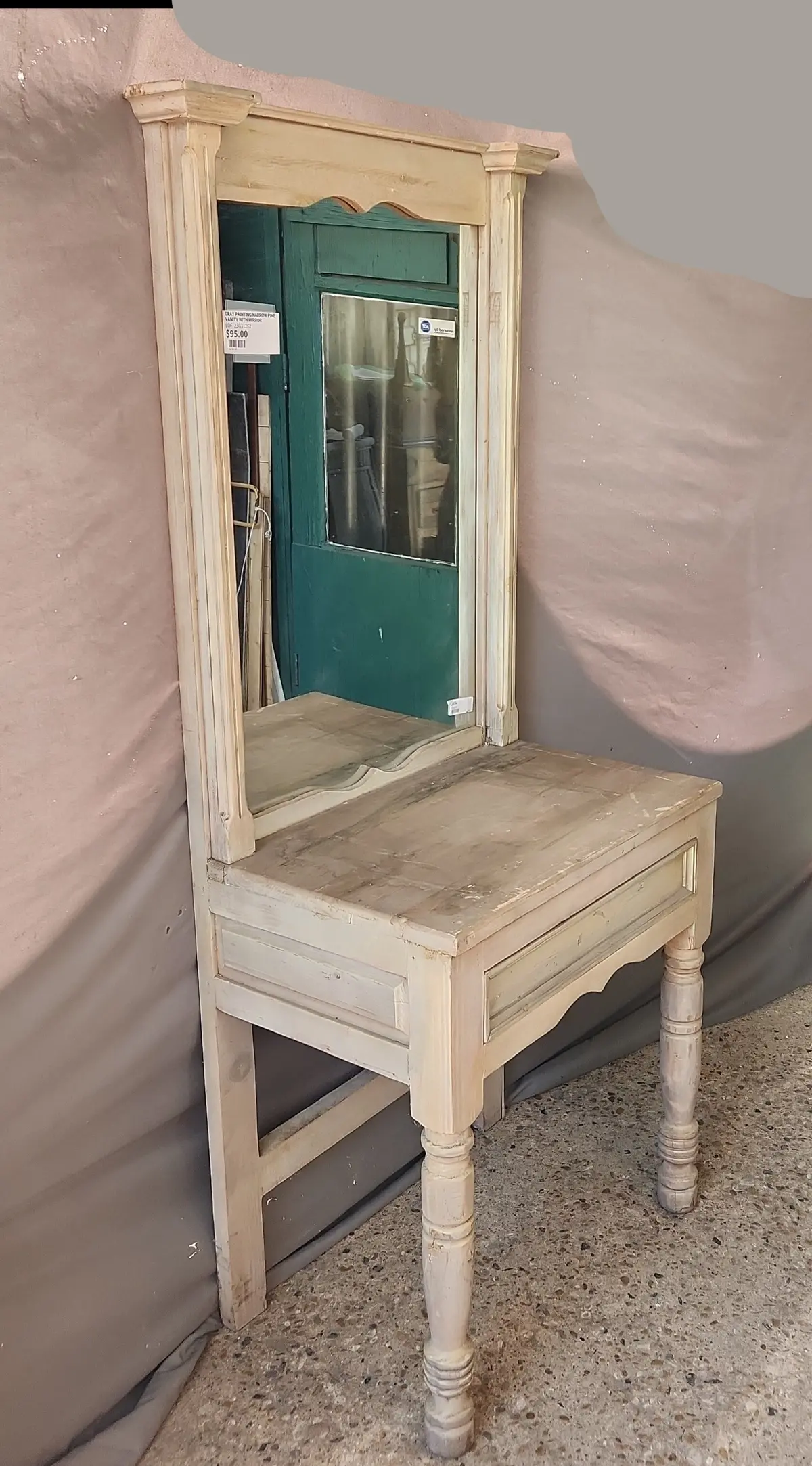 Gray Painted Narrow Pine Vanity With Mirror Broken - Sold On #24985 1