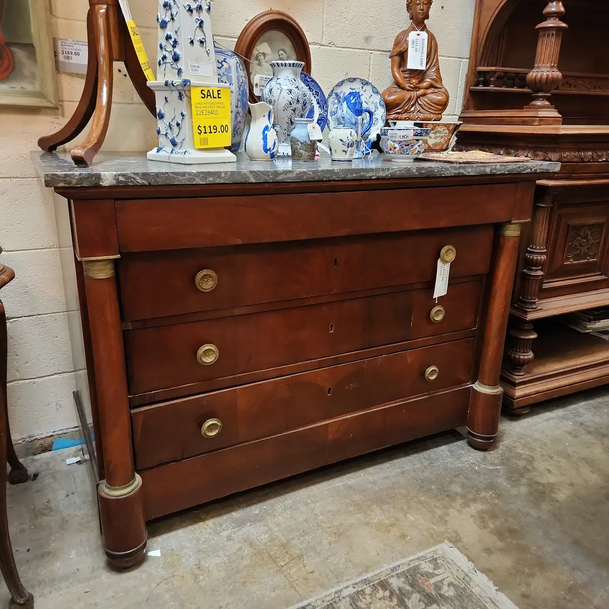 Large Empire Mahogany Chest With Saint Anne Marble Top This Was Missing At Year End Took Off Inventory. 1