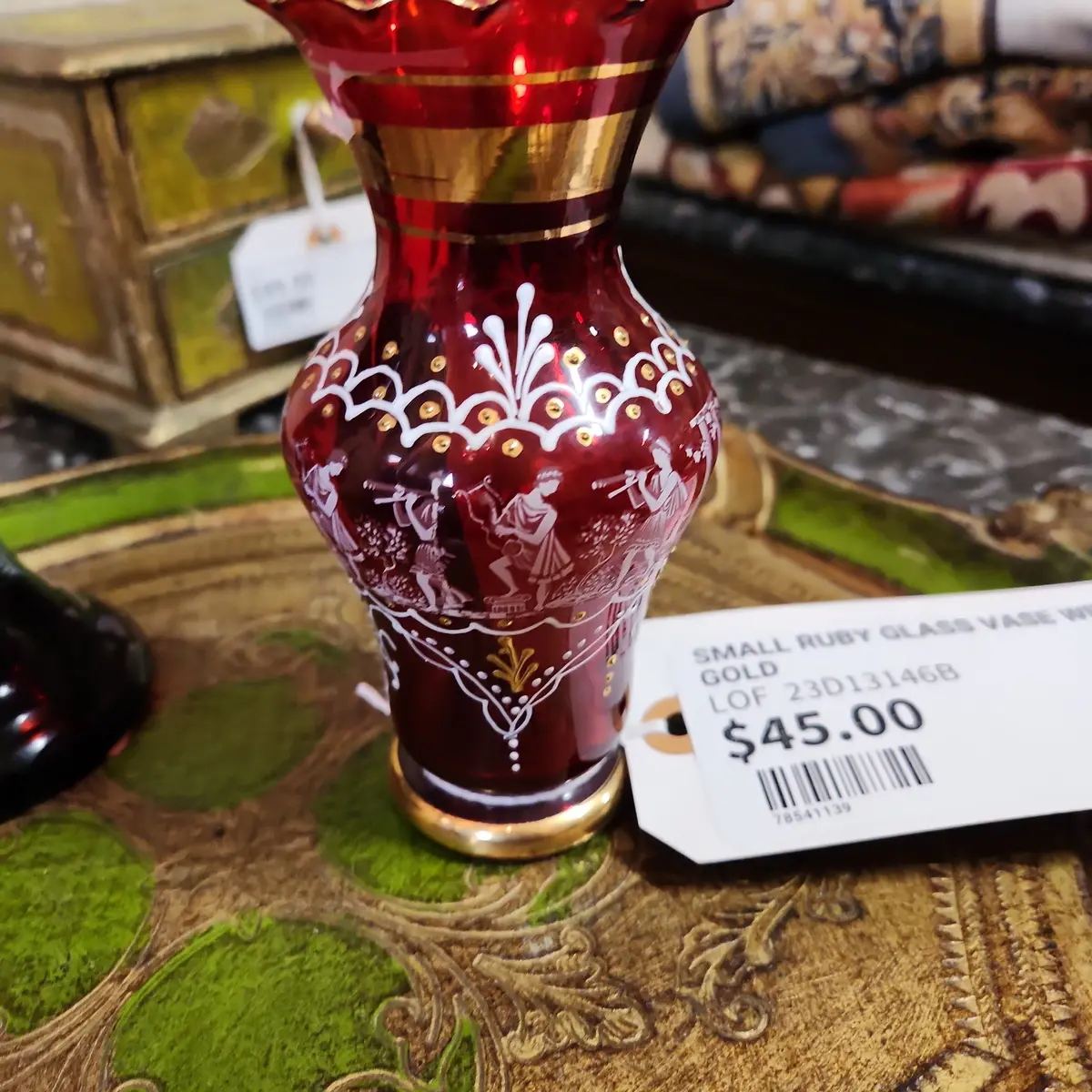 Small Ruby Glass Vase With Gold 1