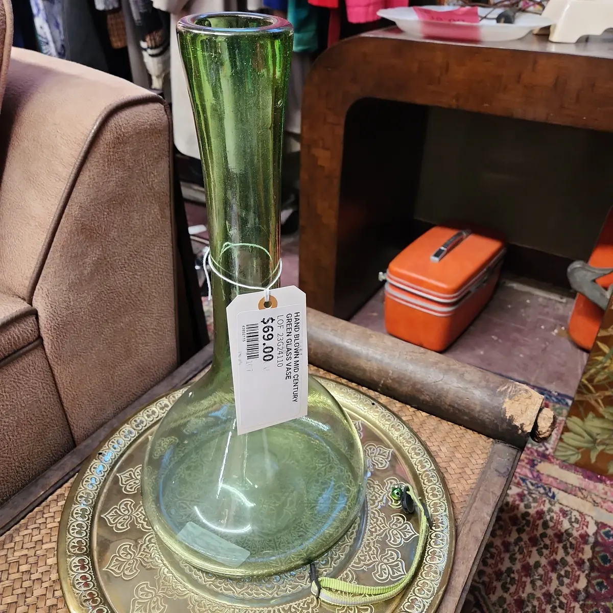 Hand Blown Mid Century Green Glass Vase 1