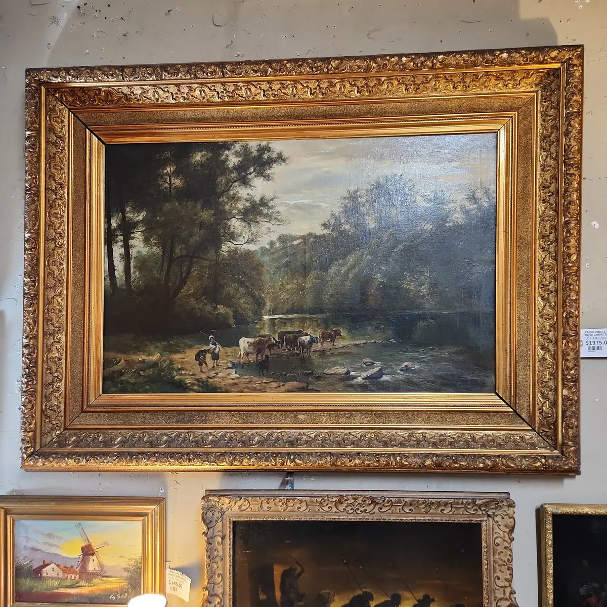Large Ornate Gilt Framed River Landscape With Cattle 1