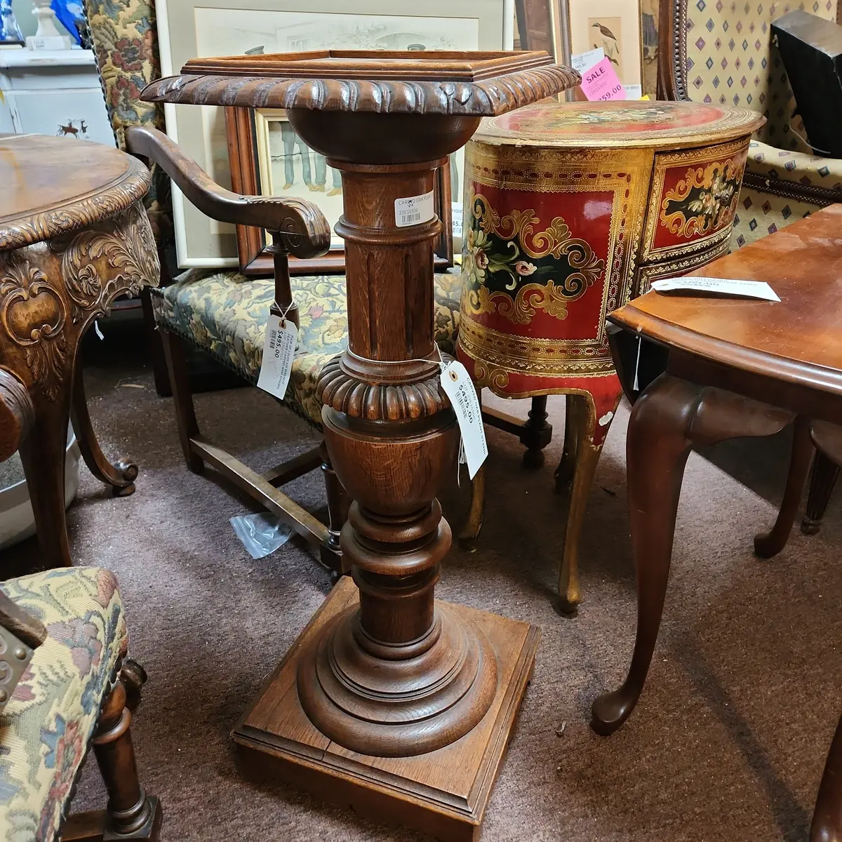 Carved Oak Plant Stand 1