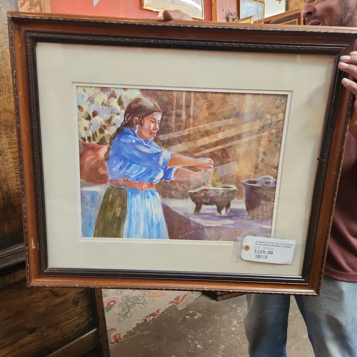 Framed Water Color Painting Of An Indian Woman Cooking 1