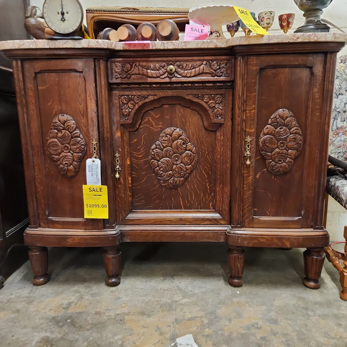 Marble Top Deco Fruit Carved Oak Server 1