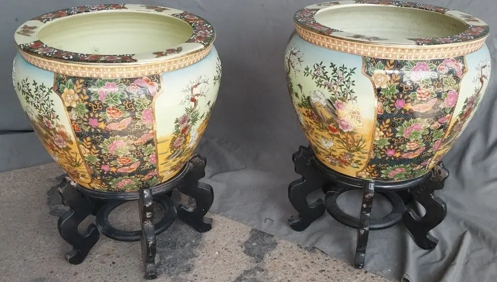 Pair Chinese Fish Bowl Planters On Stands 1