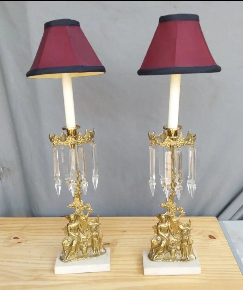 Pair Of Brass And Marble Figural Buffet Lamps With Prisms And Shades 1