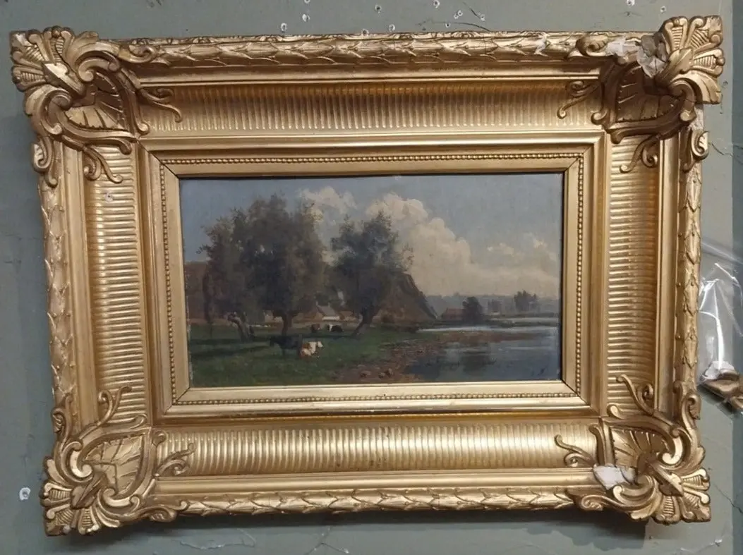 Small Buccolic Oil Painting With Cows  In Ornate As Found Frame 1