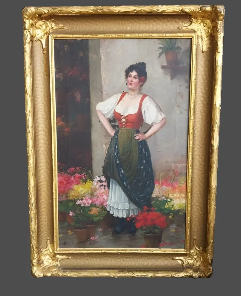 Gilt Framed Italian Oil Painting Of A Young Confident Lady-  Signed 1