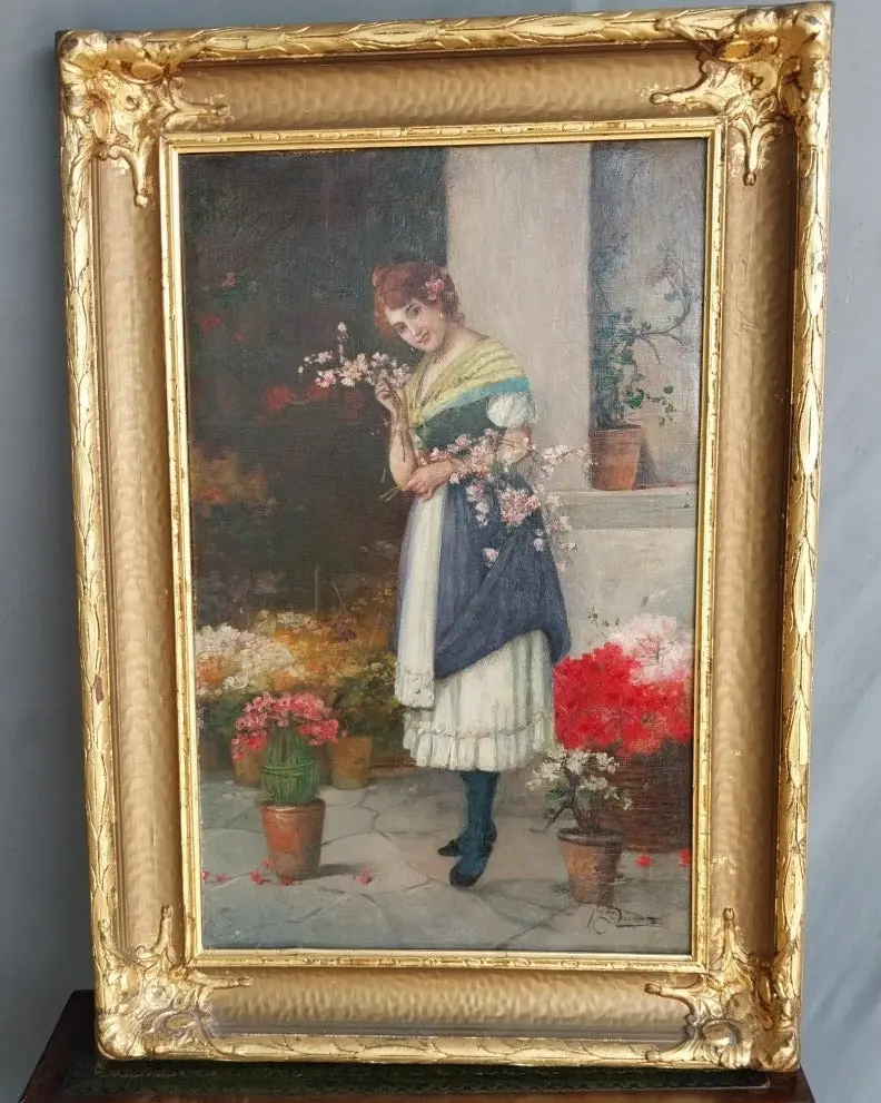 Gilt Framed Italian Oil Painting Of A Young Demur Lady  Signed 1