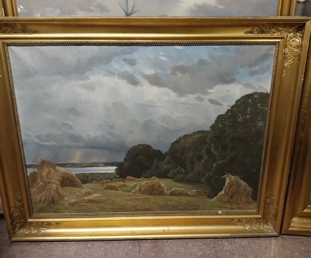 Large Pastoral Oil Painting With Hay Stacks 1