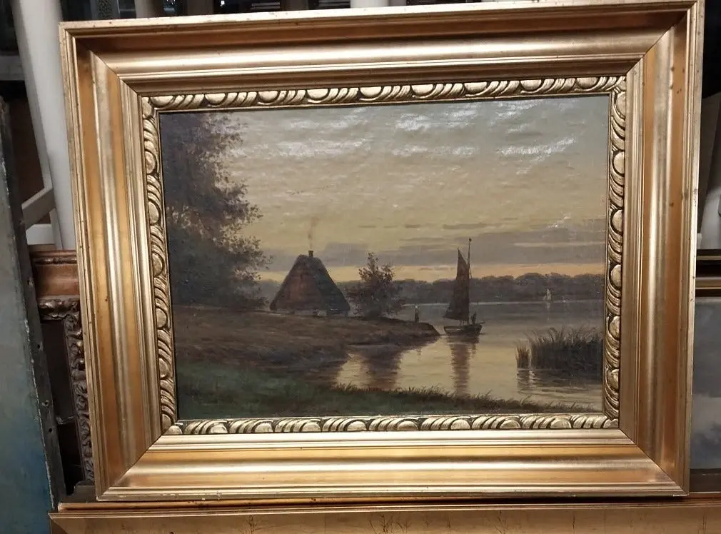 Thatch Roof House By A Lake Oil Painting 1