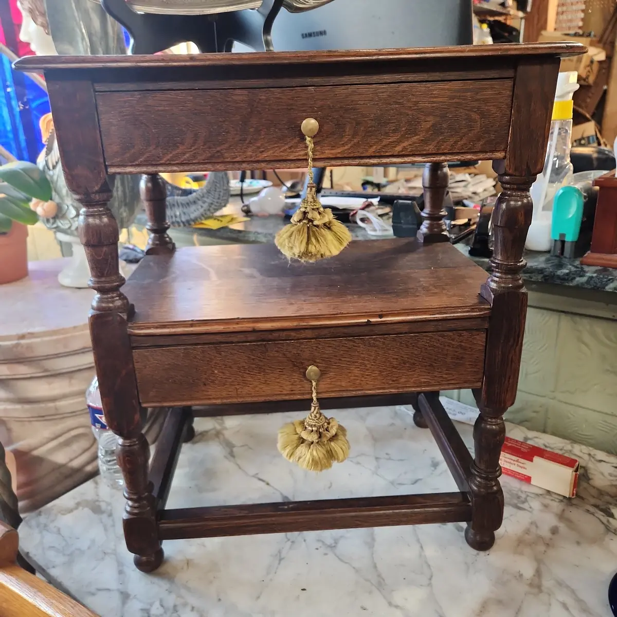 2 Tiered Oak Table Stand With Drawers 1