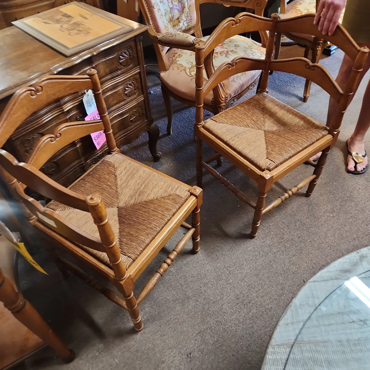 Pair Of Oak Rush Seat Corner Chairs 1