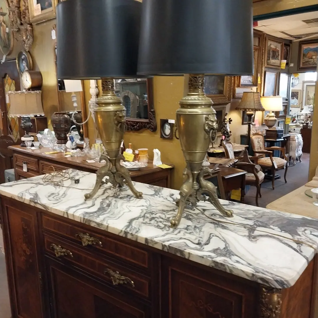 Pair Of Bronze Peacock And Lions Lamps With Shades 1