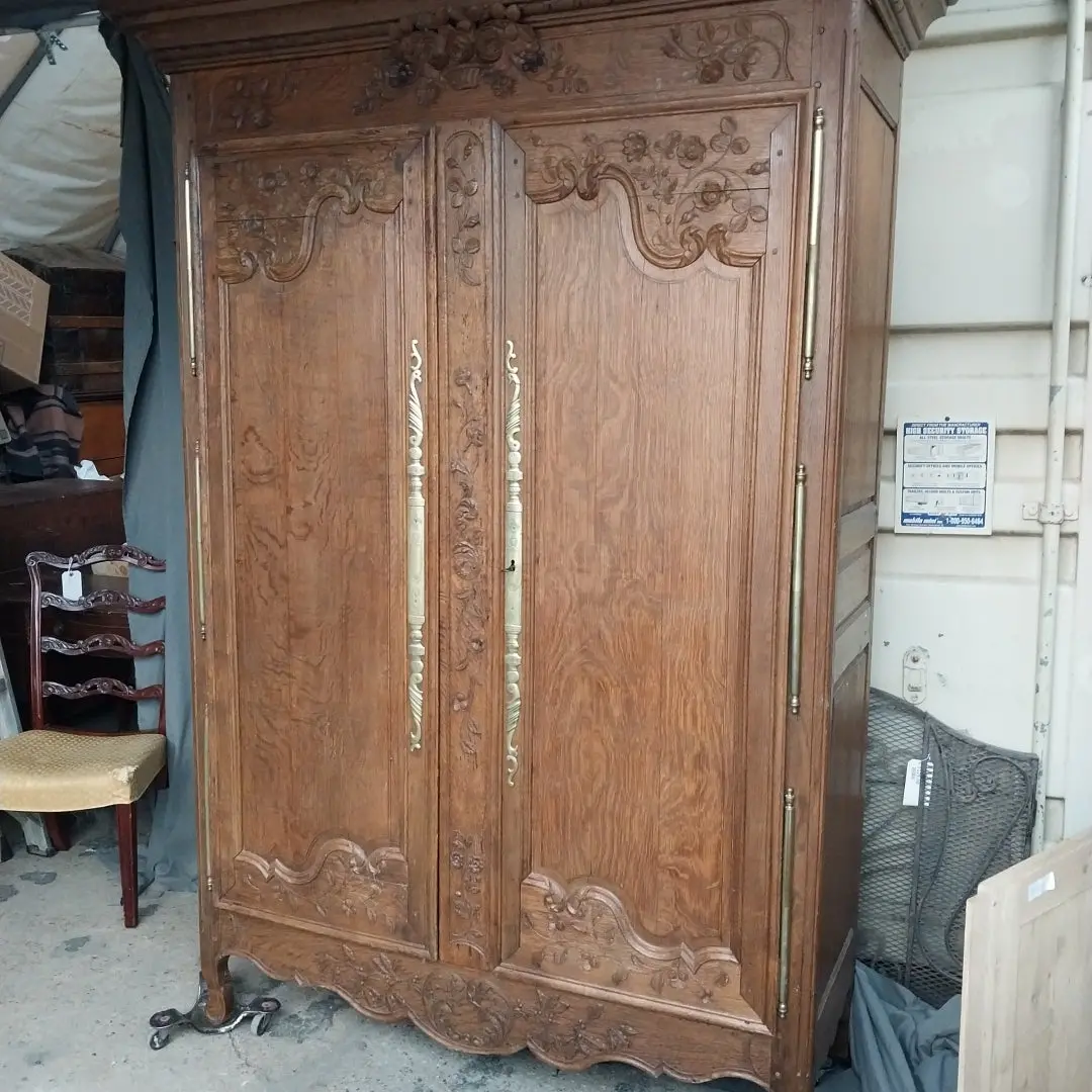 French Normandy Floral Basket Crowned Oak Armoire 1