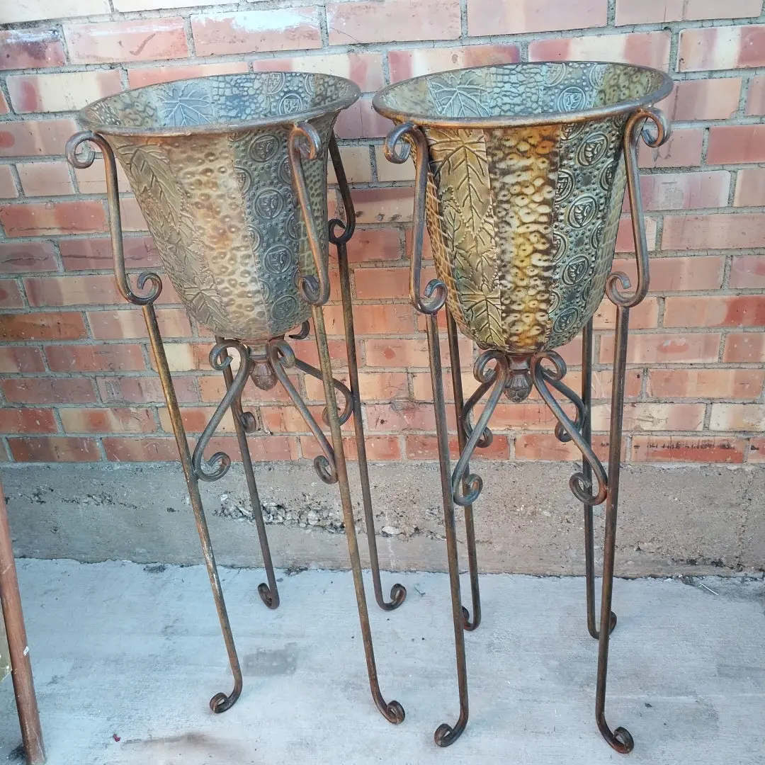 Pair Of Iron & Embossed Tin Planters 1