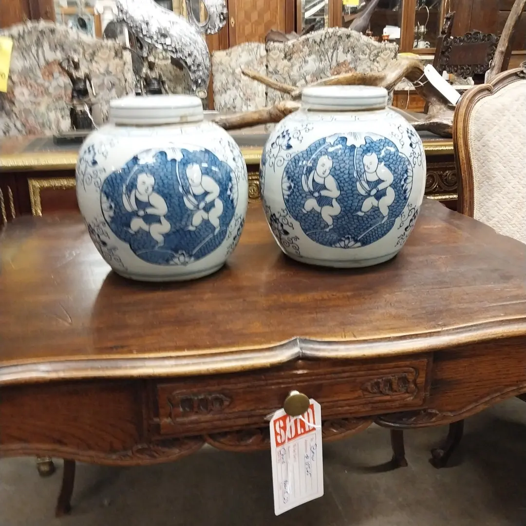 Pair Of Medium Blue And White Chinese Ginger Jars With Men 1