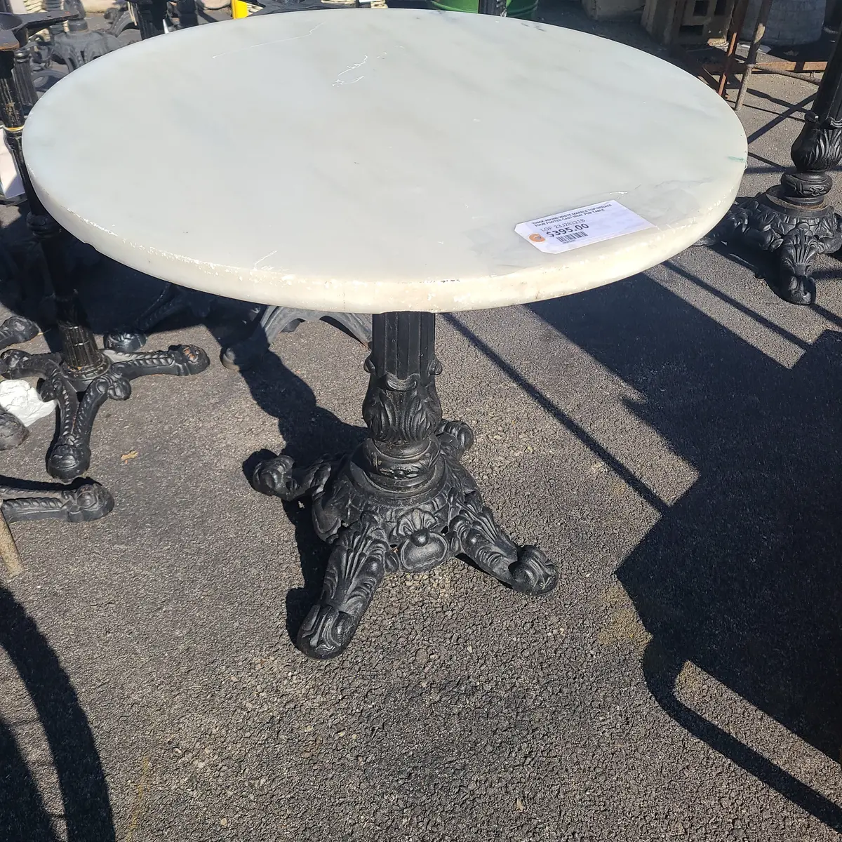 Thick Round White Marble Top Ornate Four Footed Cast Iron  Pub Table 1