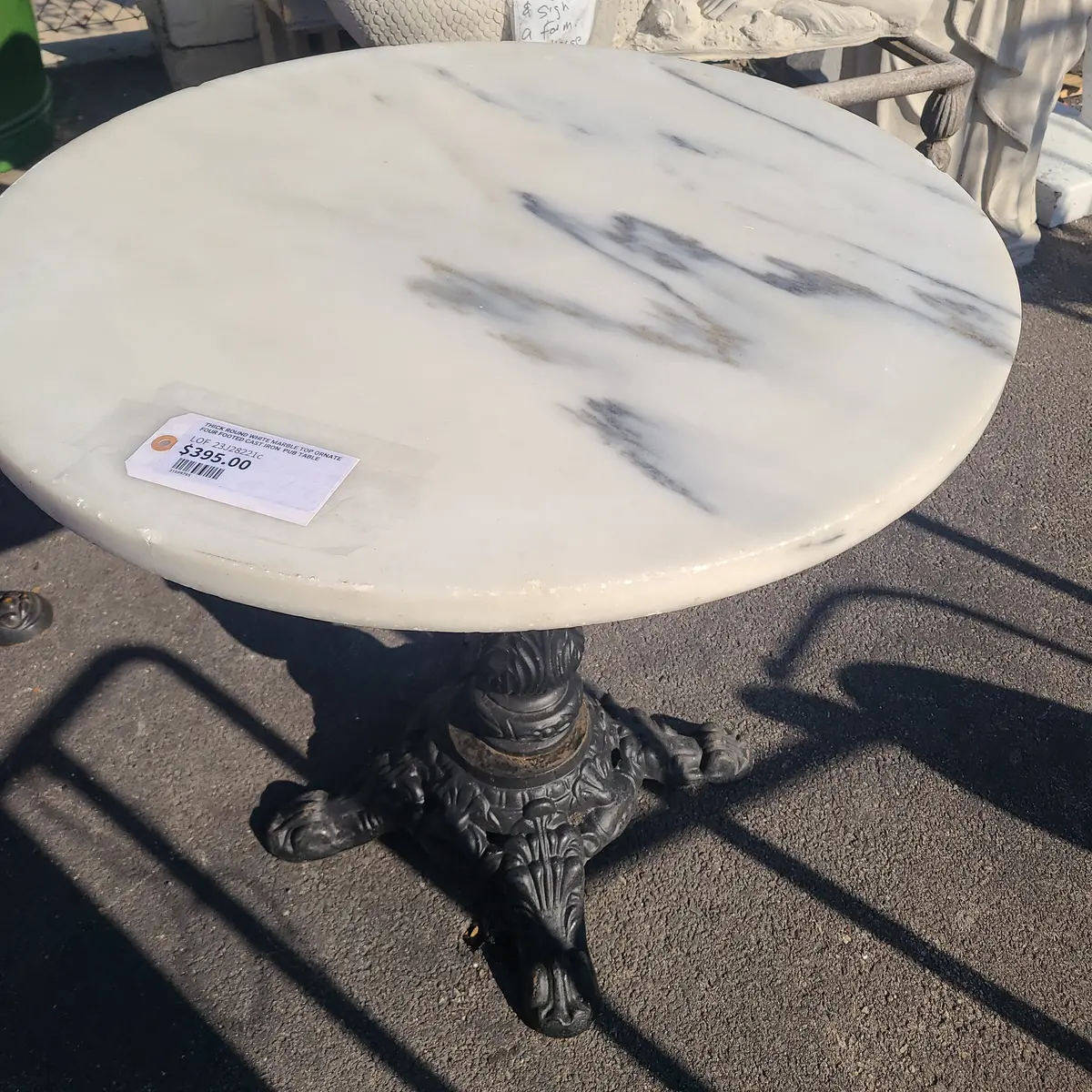 Thick Round White Marble Top Ornate Four Footed Cast Iron  Pub Table 1