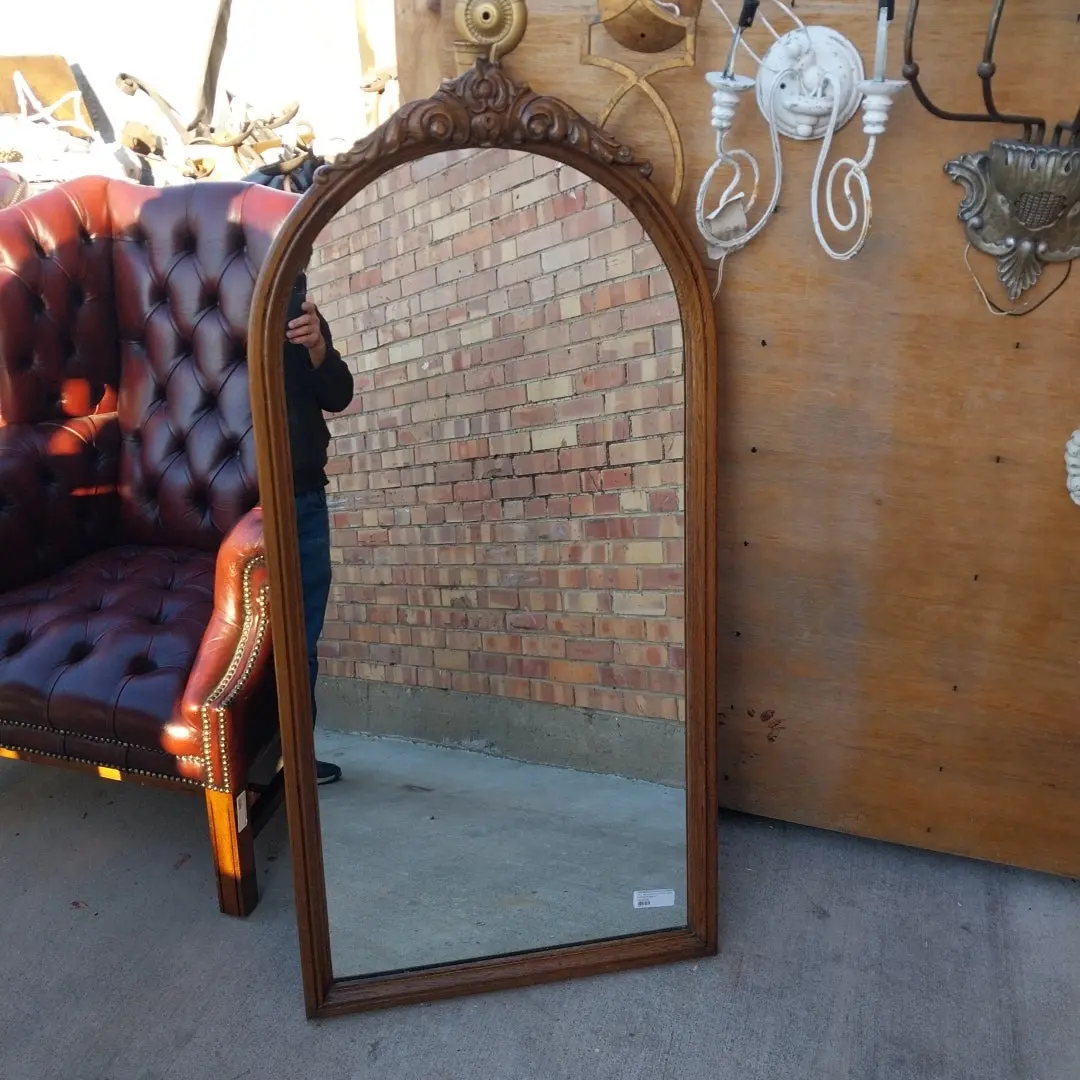 Tall Arched Oak Mirror With Carved Pediment 1