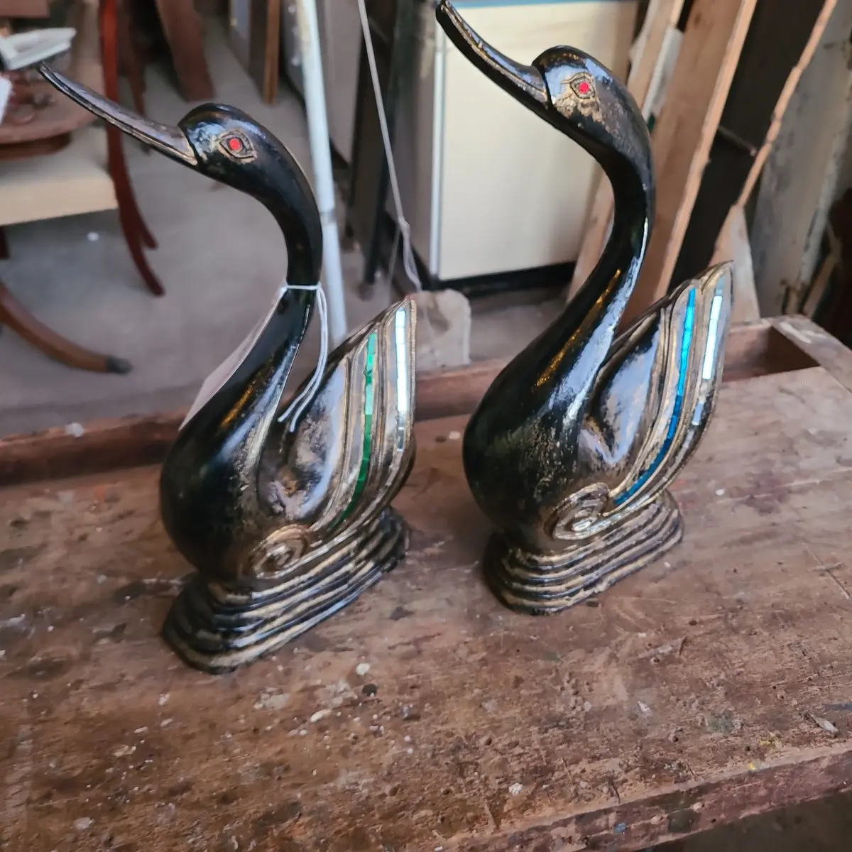 Pair Of Florentine Swans With Glass Inlay 1