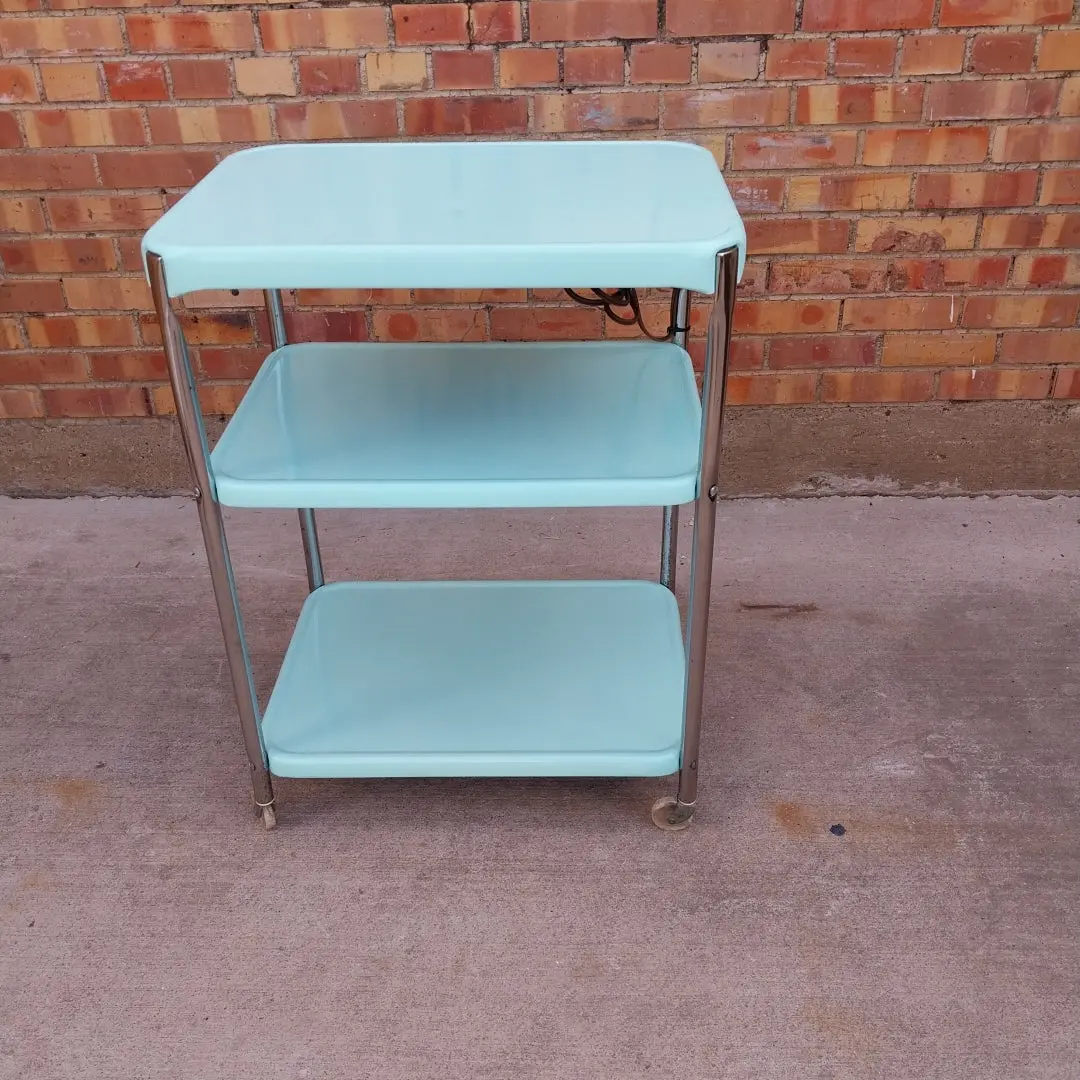 Vintage Blue Rolling Kitchen Cart With Electric Outlet 1