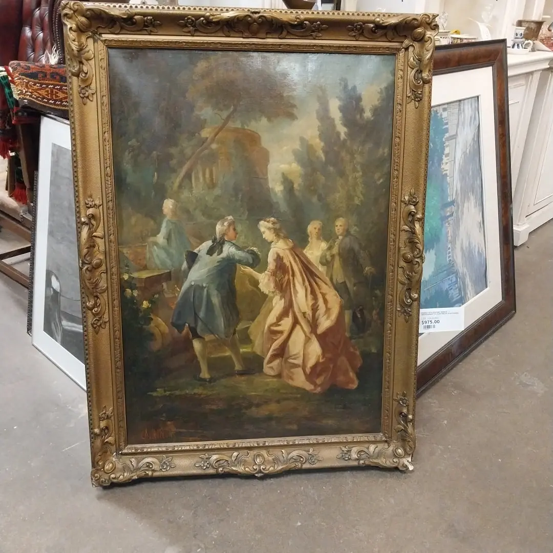 Gold Framed French Impressionist Oil Painting Of An 18Th Century Gathering Restored 1