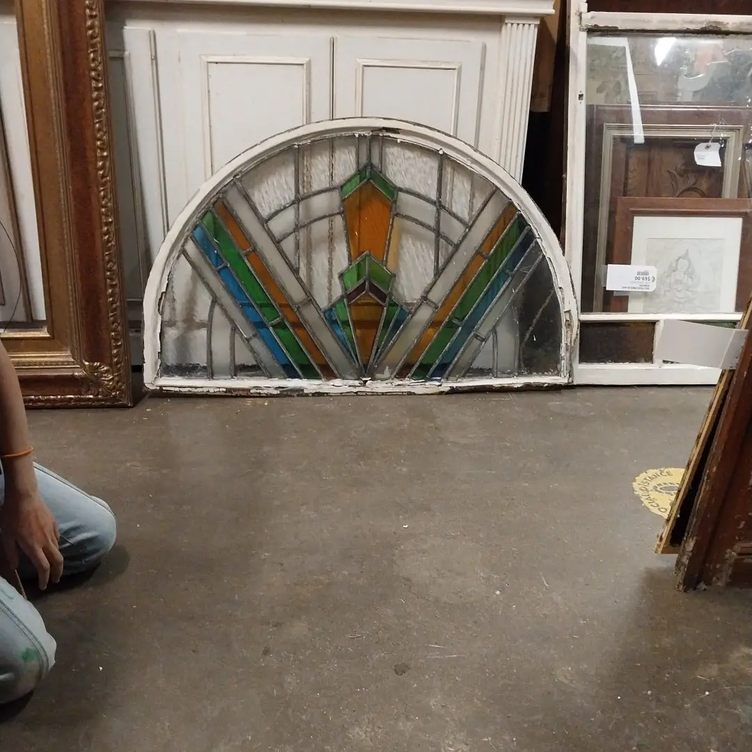 Arched Stain Glass Window In Metal Frame As Found 1