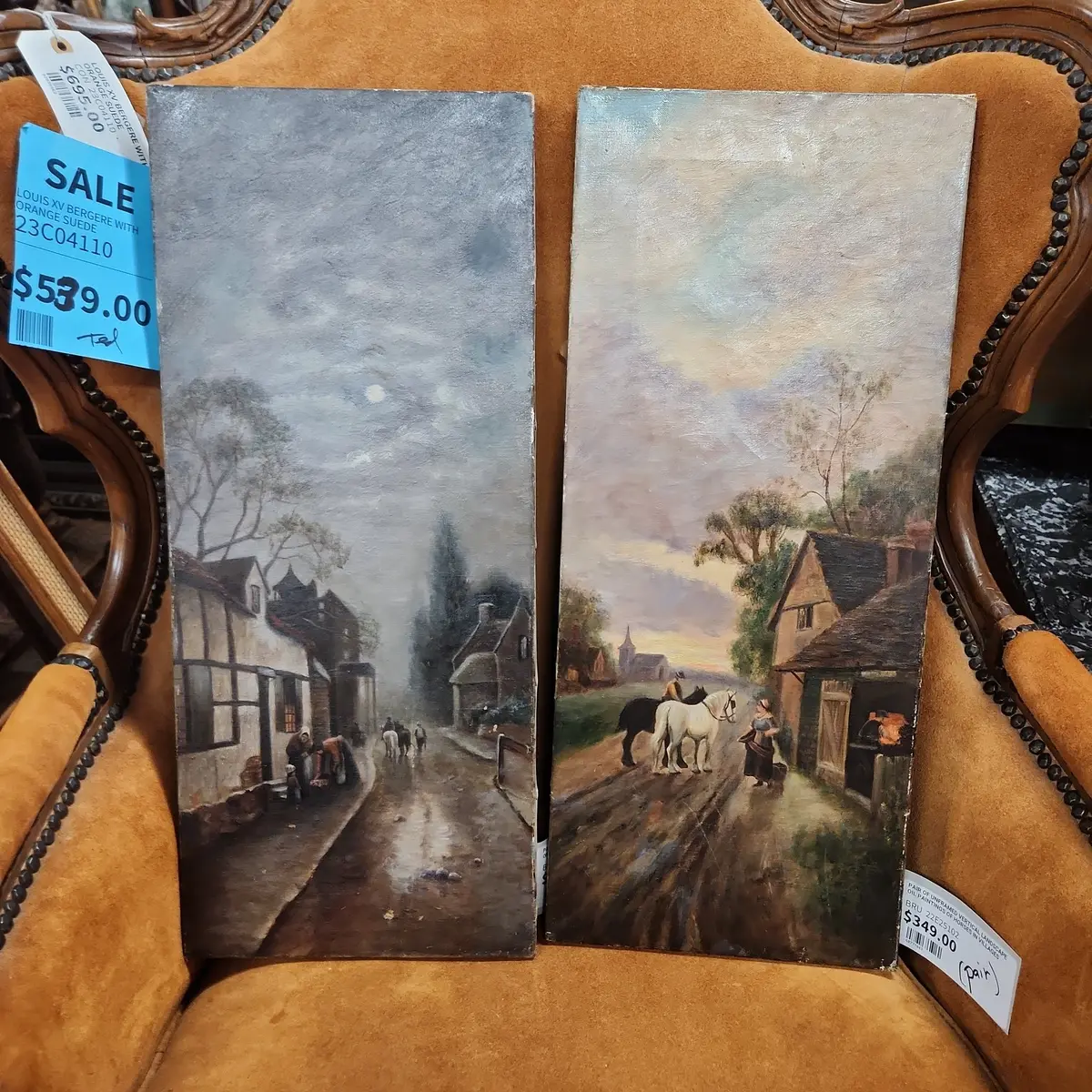 Pair Of Unframed Vertical Landscape Oil Paintings Of Horses In Villages 1