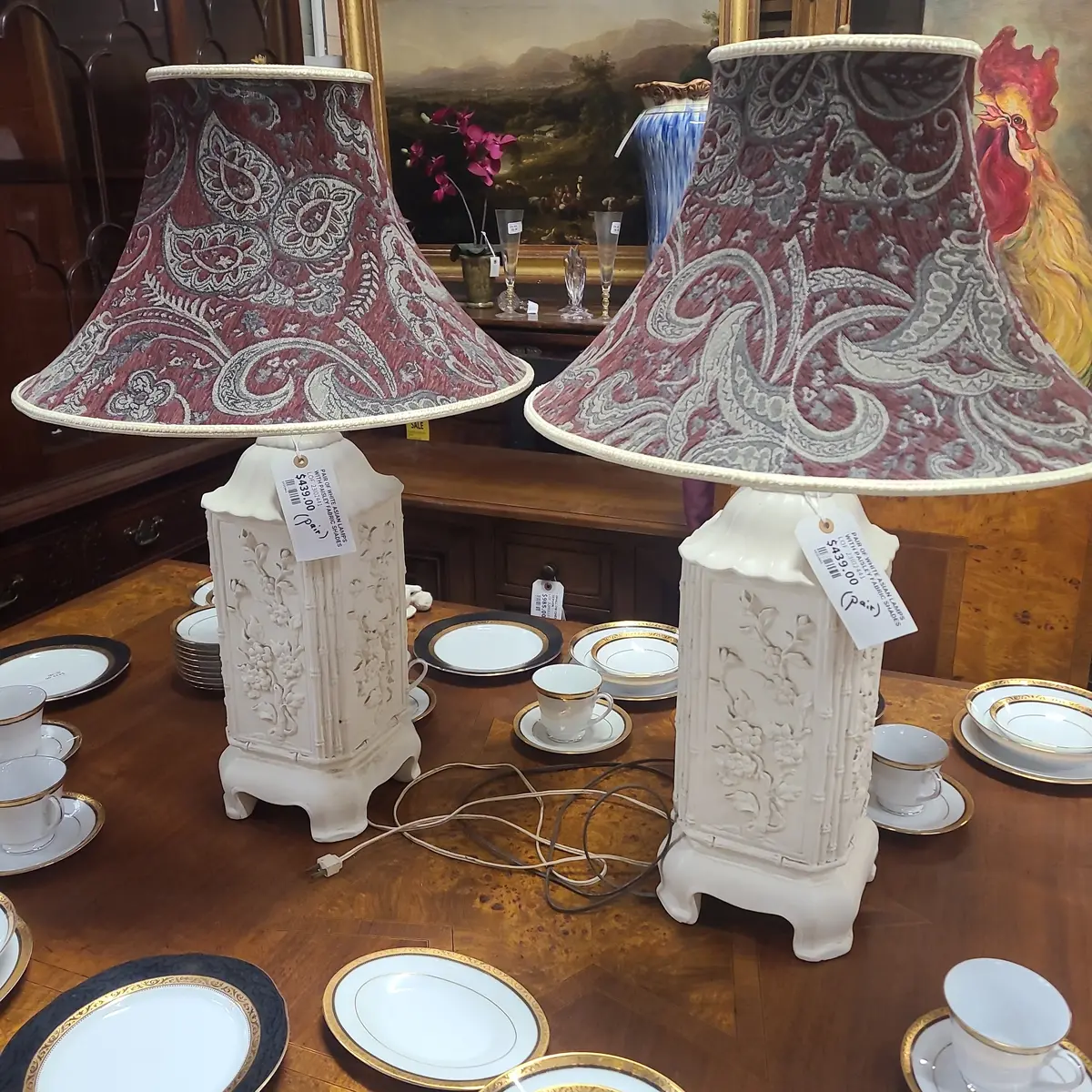 Pair Of White Asian Lamps With Paisley Fabric Shades 1