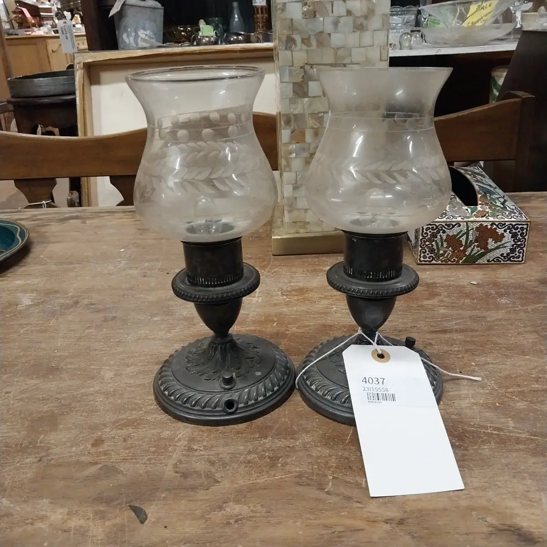 Pair Of Silver Color Hurricane Lamps 1
