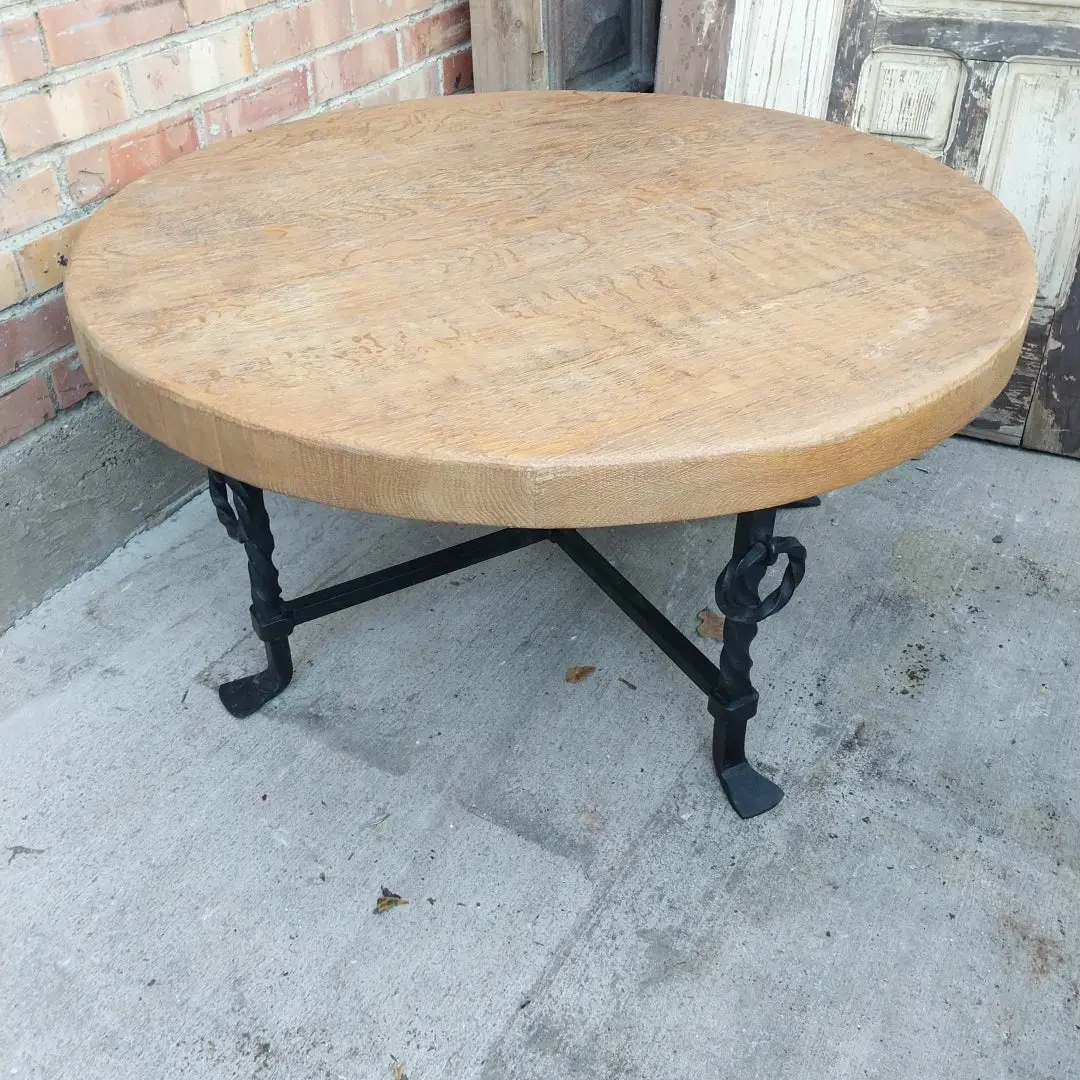 Iron Round Coffee Table With Thick Oak Top 1