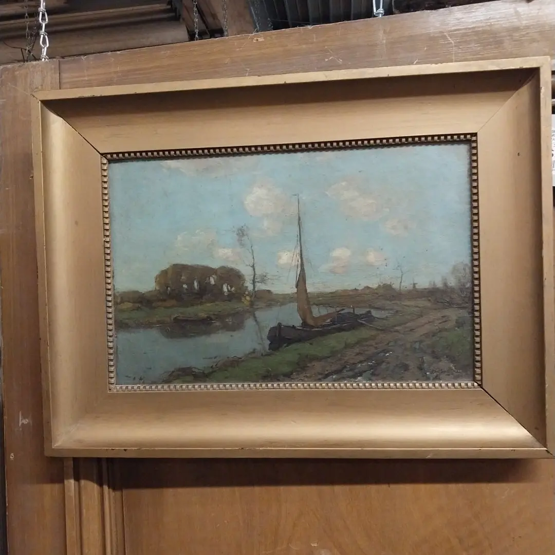 Small Framed Oil Painting Of A Sailboat Moored On The Bank Of A River-Signed Paul Bodifee 1