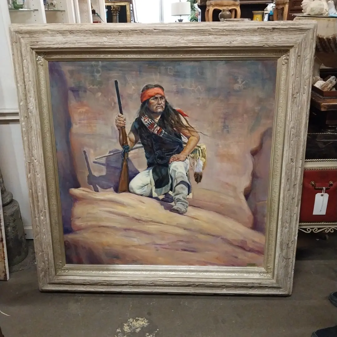 Large Framed Oil Painting Of An Apache Lookout By Guadlupe Apodaca 1