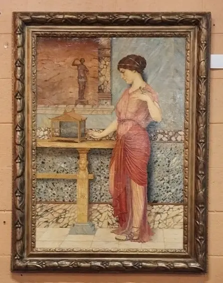 Large Framed Oil Painting Of A Lady Holding A Bird By John William Godward 1