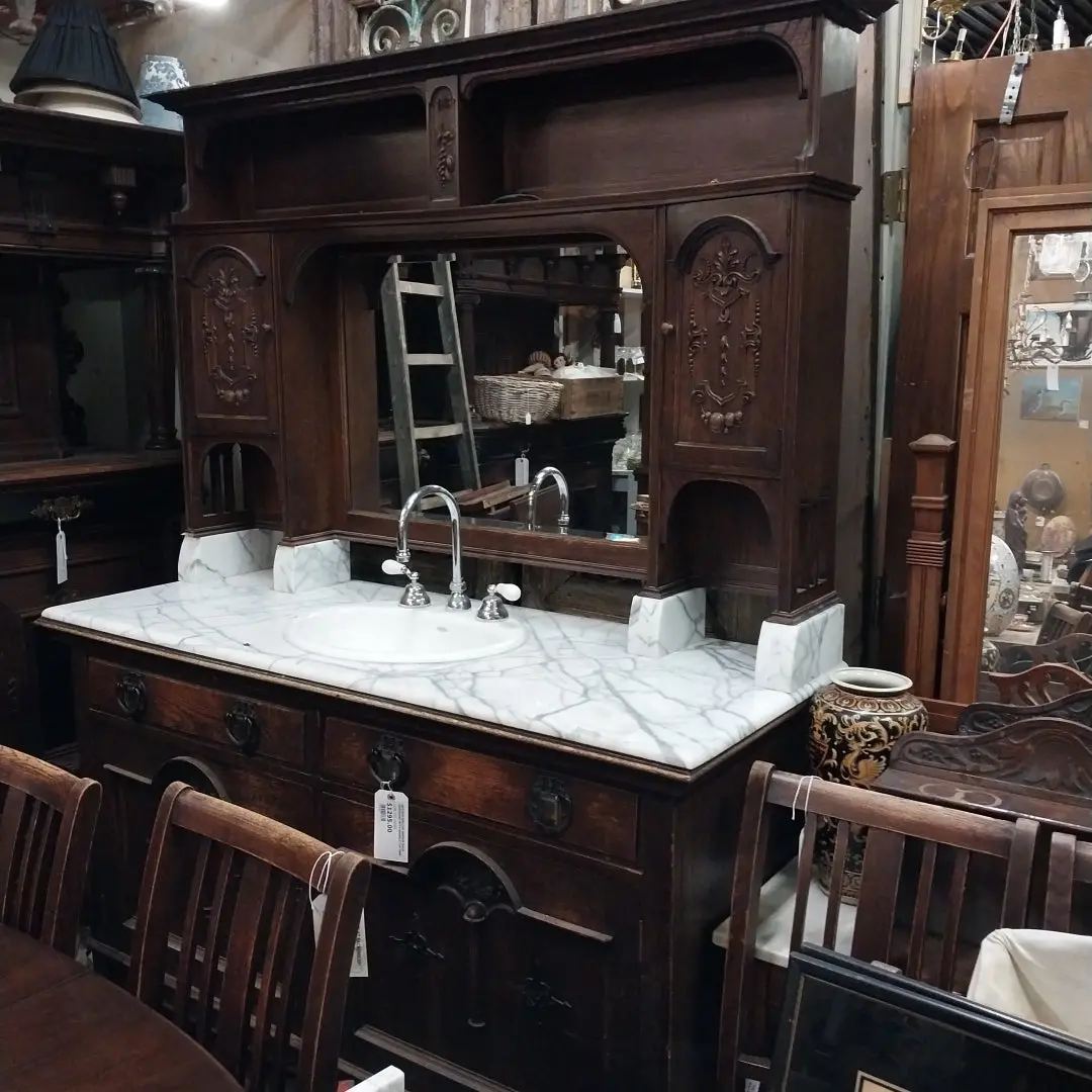 Antique English Mirror Back Sideboard With Marble Top Sink 1
