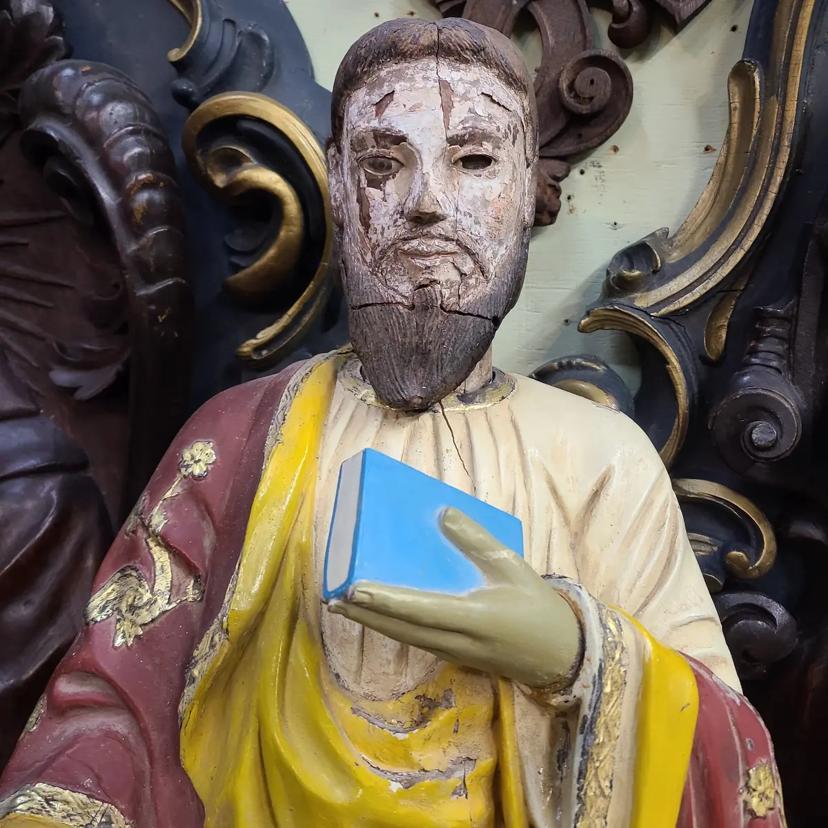 Ancient Wood Saint Statue Holding Bible 1